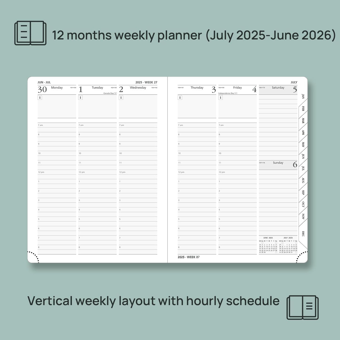 POPRUN Planner 2025-2026 (Medium - 6.5'' x 8.5'') Academic Weekly Calendar (July 2025 - June 2026) with Hourly Time Slots, Monthly Tabs, 100GSM Thick Papers, Leather Soft Cover - Grey