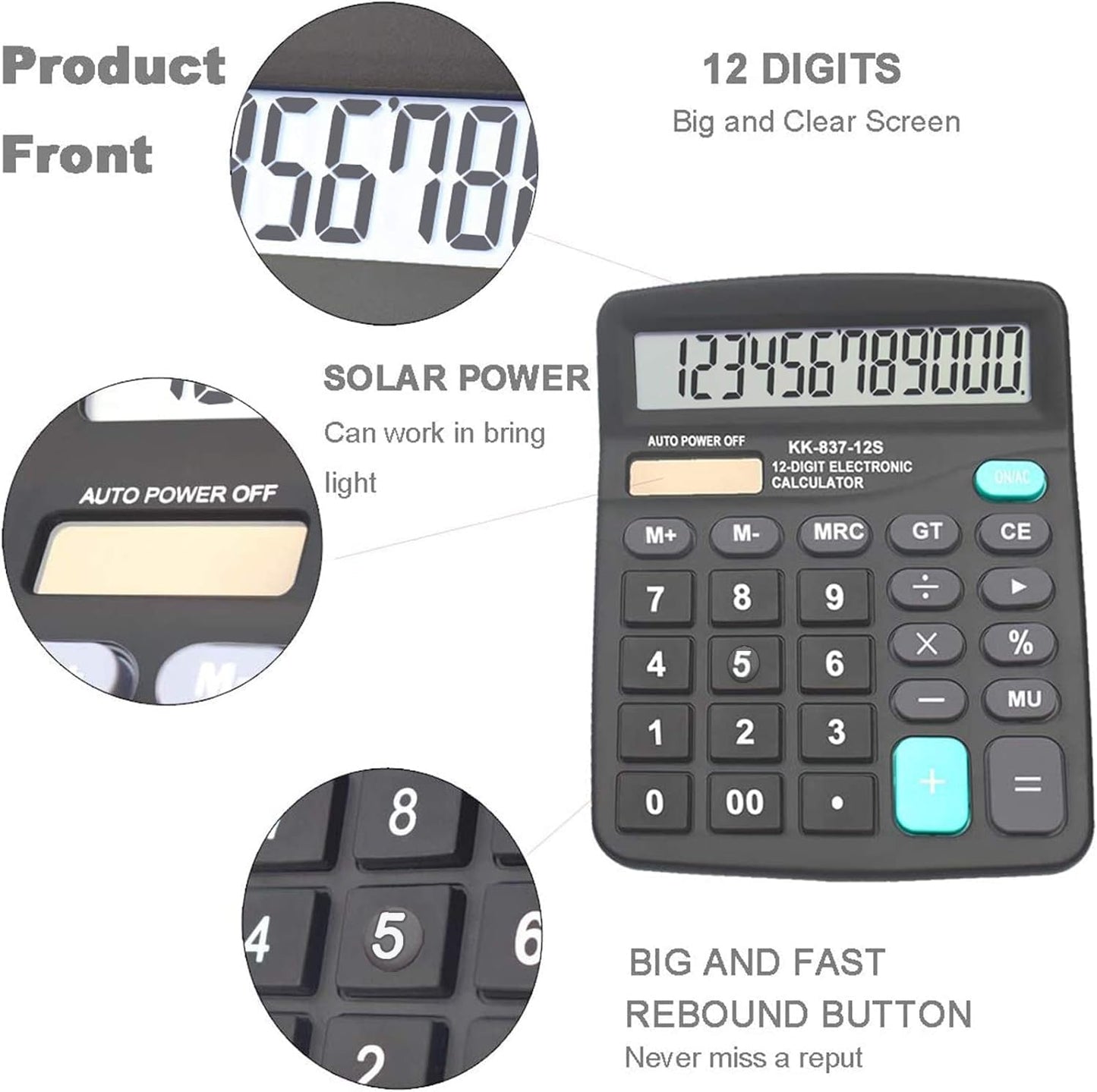 Calculators, BESTWYA 12-Digit Dual Power Handheld Desktop Calculator with Large LCD Display Big Sensitive Button (Black, Pack of 10)