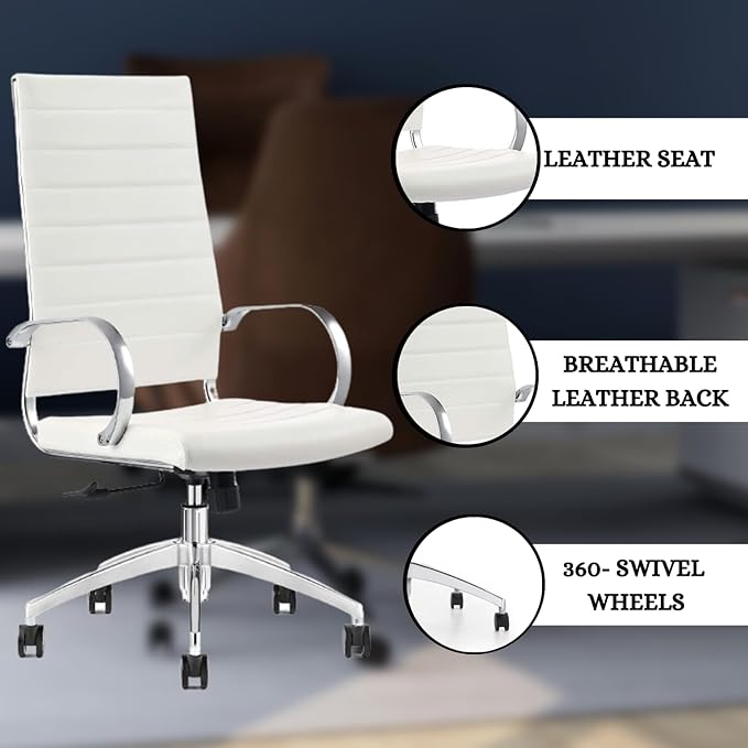 Ribbed High Back Conference Room Chairs - Lumbar Support, Modern Style Executive Home Office Chair - 360 Swivel Rolling Wheels - Aluminum Chrome Frame & Base- White Office Chair (Pack of 1)