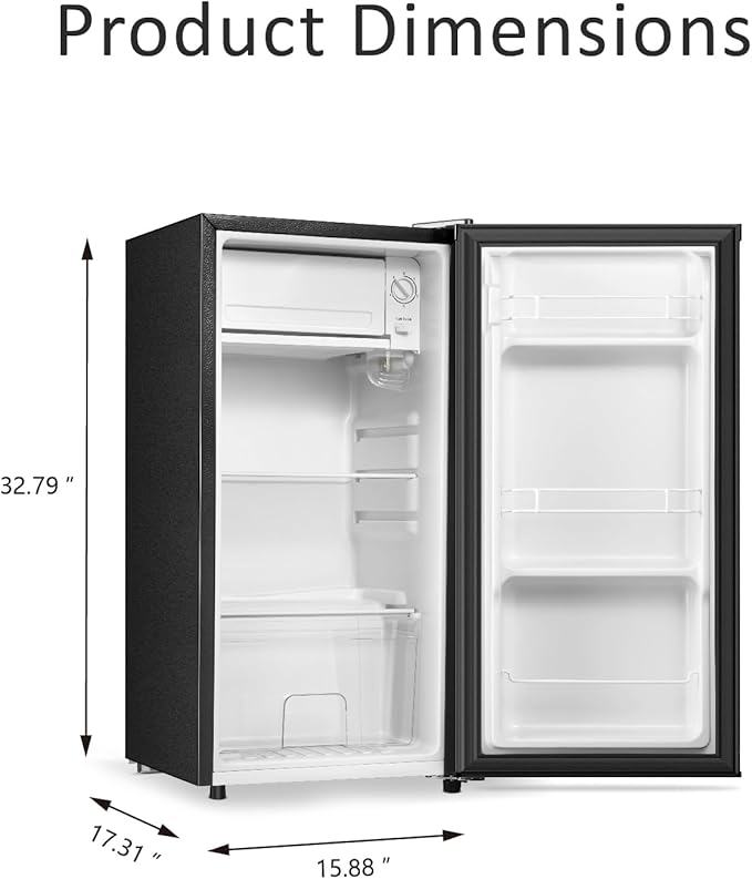 Seaoola Mini Fridge with Freezer, Single Door 3.1 Cu.Ft, Compact Mini Refrigerator, LED Light, Adjustable Thermostat, Removable Glass Shelves, Small Refrigerator for Dorm/Office/Bedroom(Black)