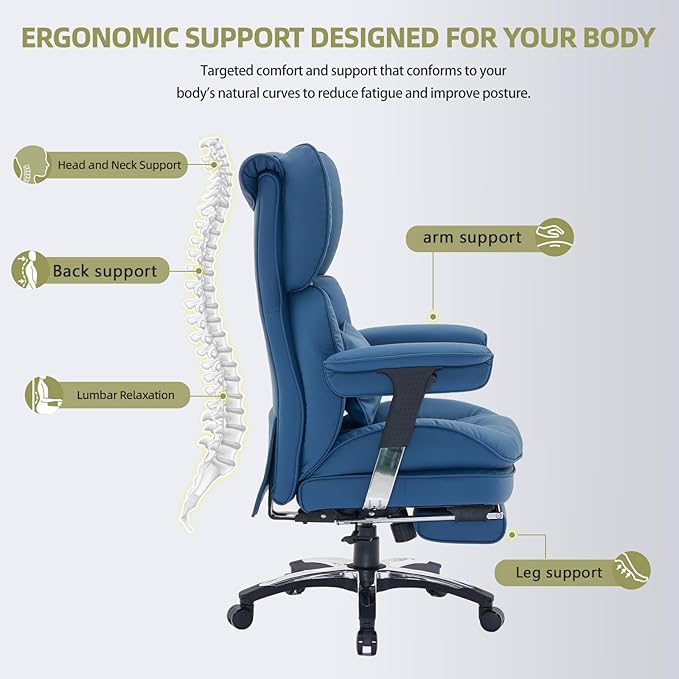 Efomao Big and Tall Office Chair with Footrest – High Back Computer Chair with Adjustable Armrests,Executive Office Chair with Wide Seat, Modern Desk Chair for Home Office, Gaming, or Study, Blue
