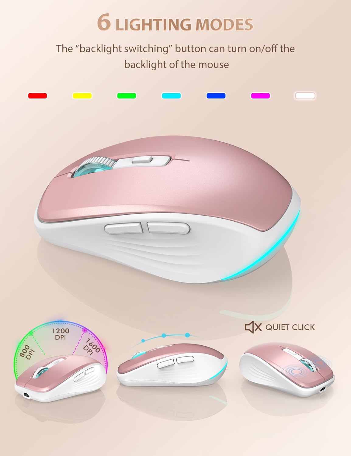 SABLUTE Wireless Keyboard and Mouse Combo Backlit - Compact Quiet Keyboard with RGB Mouse, Rechargeable, Slim, Sleep Mode, Portable Cordless Keyboard Mouse Set for Mac, Windows, Laptop, PC (Rose Gold)