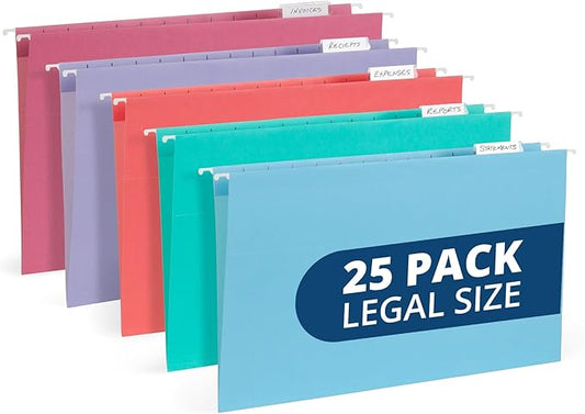 25 Blue Summit Supplies Legal Size Hanging File Folders - Assorted Gem Tone Colors (Turquoise, Teal, Coral, Purple, Magenta), Durable 11pt Paper, Plastic Tabs and Inserts Included