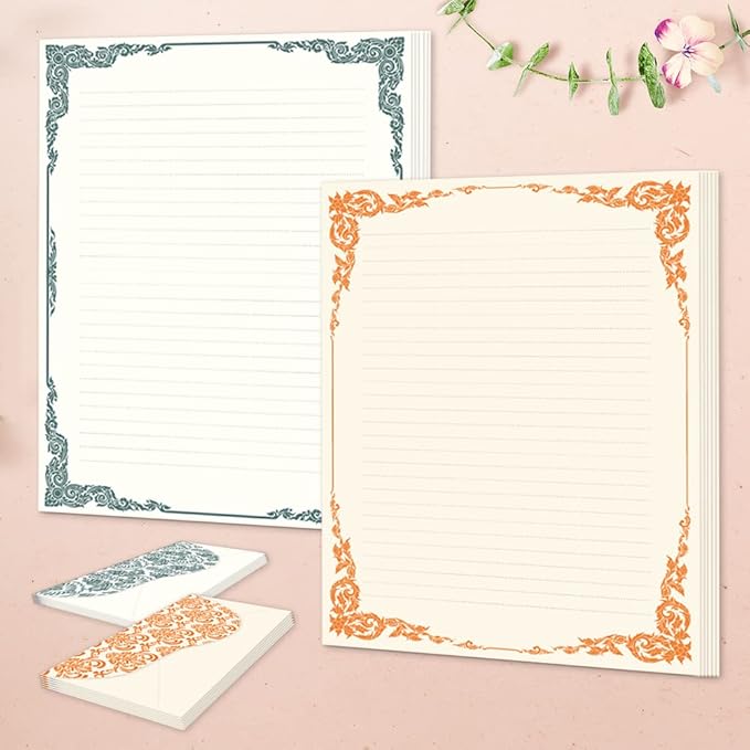 Anzon Mories 96 Piece Stationary Set (64 Sheet Paper and 32 Envelope) Both Side Line Vintage Ivory Lace pattern 2 Color Navy Orange Gold border Stationery Letter Writing Paper 8.5 x 11 In College Rule