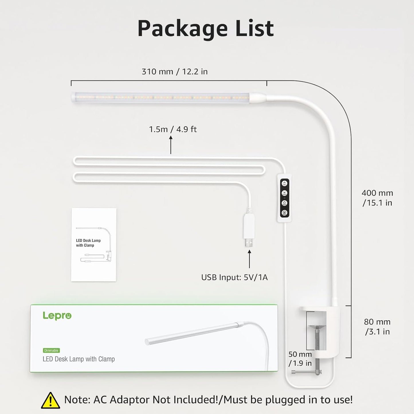 Lepro Small Desk Lamp with Clamp, LED Reading Lamps with 450LM, 3 Color Modes 10 Brightness, Dimmable USB Clip on Desk Light with Gooseneck Swing Arm for Nail, Home Office and Dorm (White)