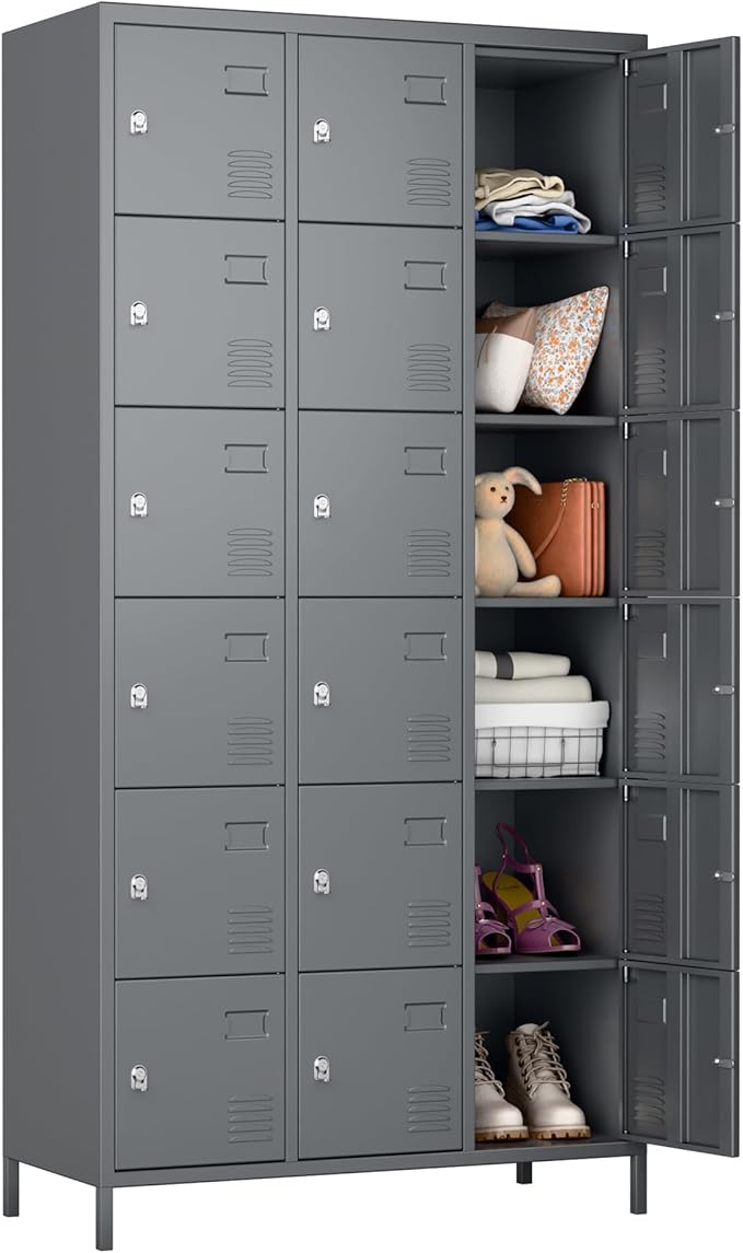 Metal Lockers for Employees with 18 Door,Metal Storage Locker with Lock for School Garage Gym Office Home Bedroom,Assembly Required,18 Doors Dark Grey