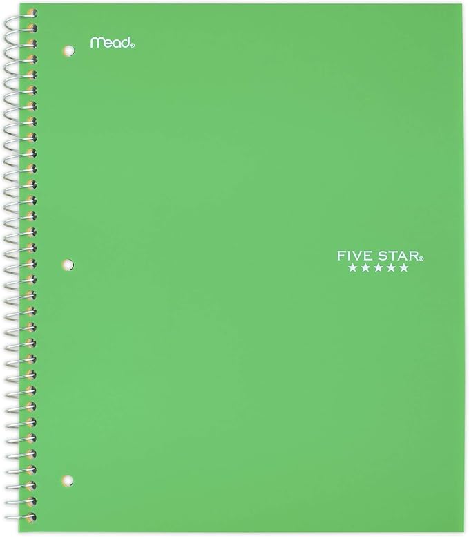 Five Star Spiral Notebook, 1 Subject, Wide Ruled Paper, 10-1/2" x 8", 100 Sheets, Assorted Colors, Color Will Vary, Office Product , 1 Count (05200)