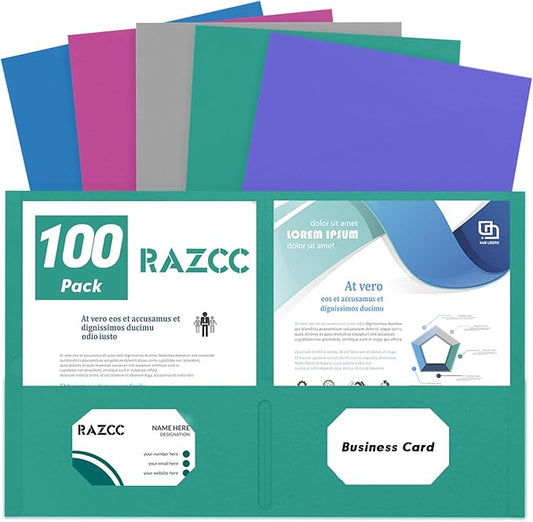 Two Pocket Folders, RAZCC 100 Pack 2 Pocket Folders Fit Letter Size Paper, Paper Folders with Pockets for School Office Business Home, Assorted 5 Colors