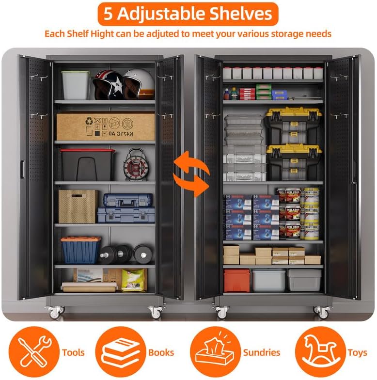 Aobabo Upgraded 71''H Metal Garage Storage Cabinet with Wheels and Door Pegboard,Steel Cabinets with 2 Doors and 5 Adjustable Shelves for Home Office,Required Assembly,Black