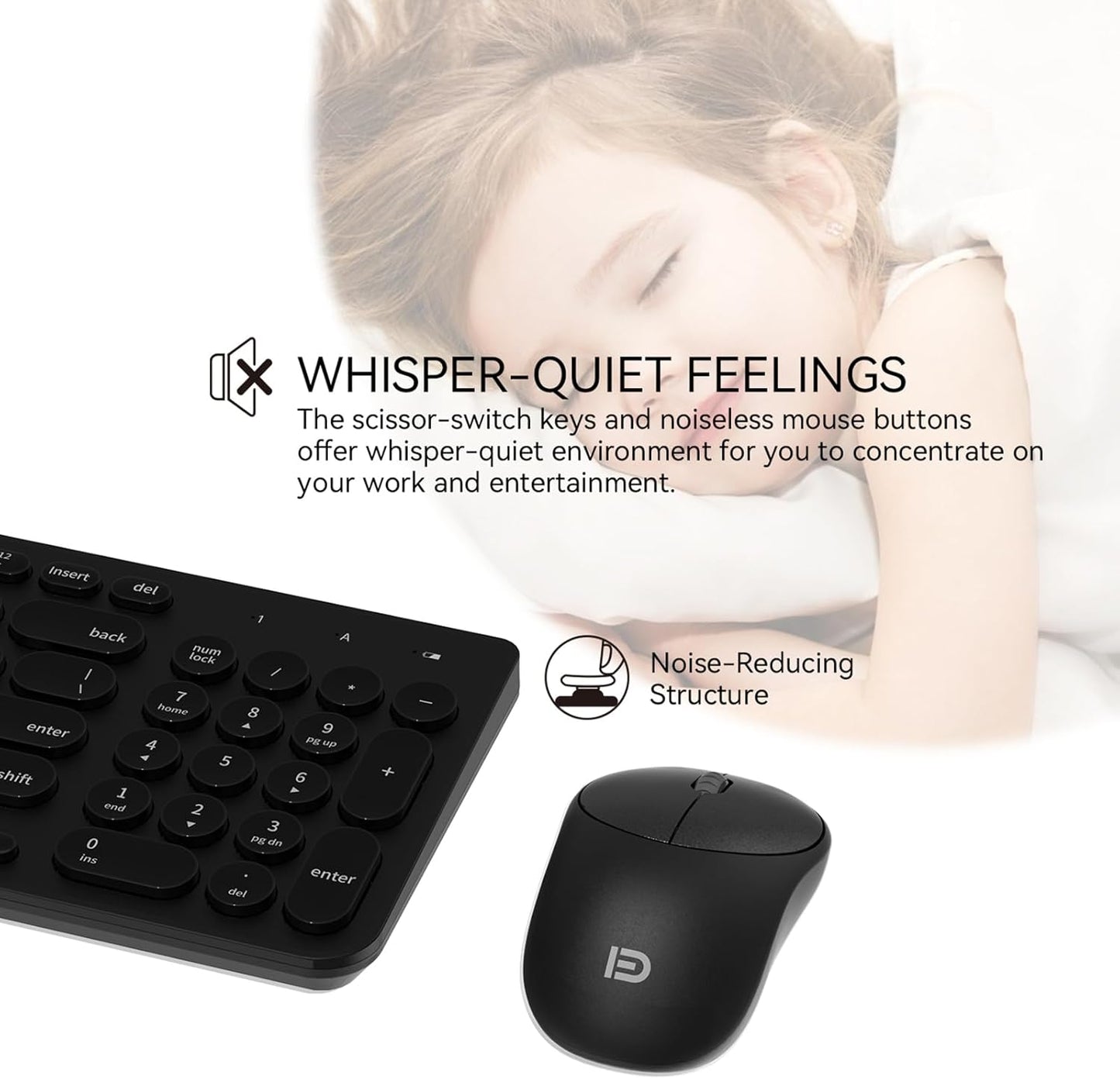 FD Wireless Keyboard and Mouse Combo - 2.4GHz USB Cordless, Cute Round Keys, Quiet and Slim Set for Laptop, Computer, TV, and Mac - Black