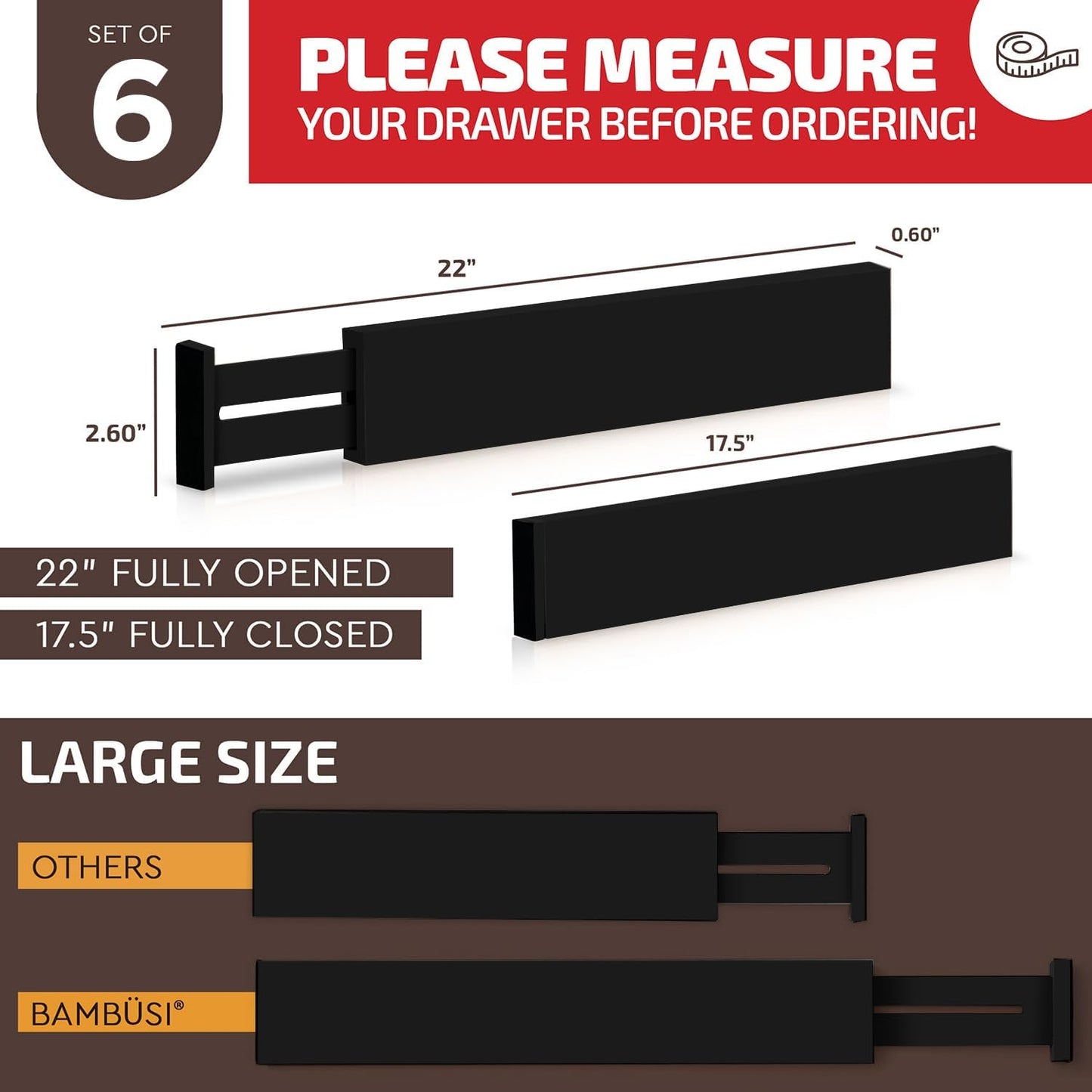 Large Kitchen Drawer Organizer - Expandable Bamboo Drawer Dividers (17" - 21.5") - Adjustable Separators for Kitchen, Clothes, Dresser, Bedroom, Bathroom, and Desk Drawers - 6-Pack (Black)