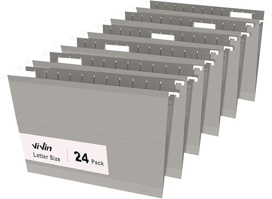 ViVin Hanging File Folders, 1/5-Cut Adjustable Tabs with 24 Per Box, 1 Inch Expansion, 24 Pack Letter Size Hanging File Folders, Designed for Office Home School Filing Cabinet(Gray)