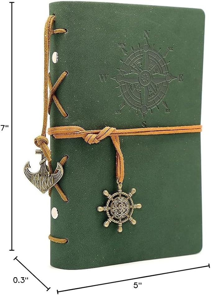 EvZ Leather Writing Journal Notebook, 7 Inches Vintage Nautical Spiral Blank String Diary Notepad Sketchbook Travel to Write in, Unlined Paper, Retro Pendants, Classic Embossed, Dark Green