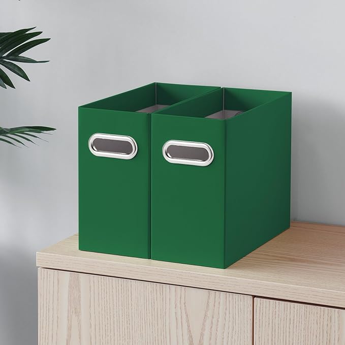 Oterri File Organizer, Small Storage Box, Cardboard File Folder Organizer, Collapsible File Box, Hanging File Organizer for Letter Size, Portable File Box with Handle, Only Box (Dark Green,4 Packs)