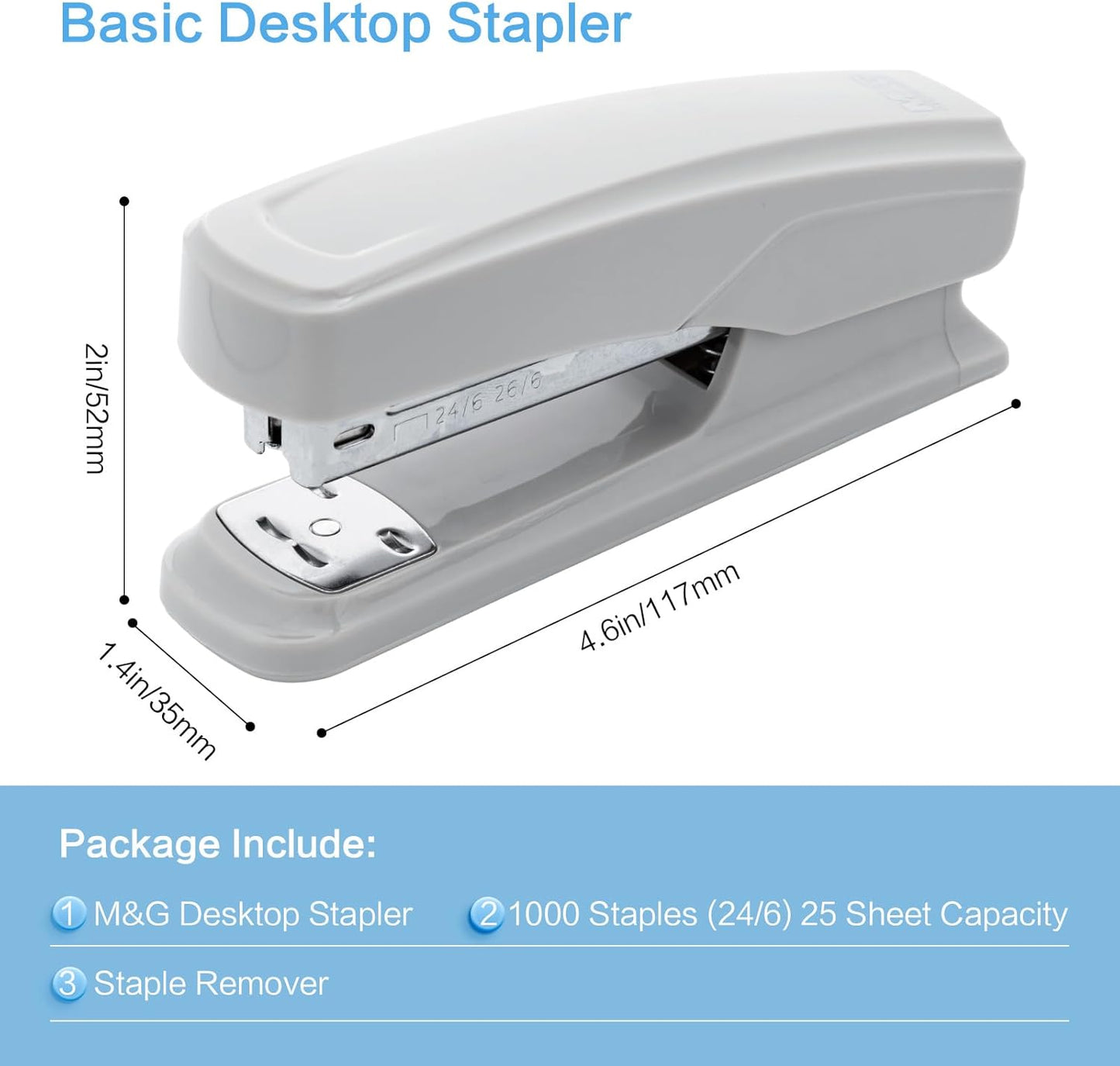 M&G Desktop Stapler with 25 Sheet Capacity, Two Binding Modes, Basic Stapler Set with 1000 Staples and Remover, Durable Staplers for Office School Home (Grey)