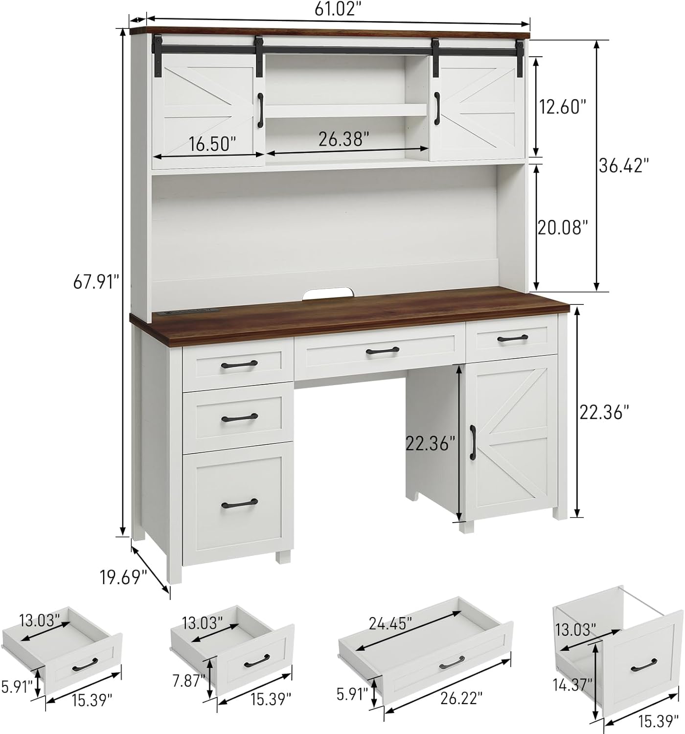Farmhouse 67" H Executive Desk with Hutch,Office Desk with 5 Drawers, Computer Desks with Storage Cabinet & File Drawers and Charging Station, Workstation for Home Office and Study.(Unique White)