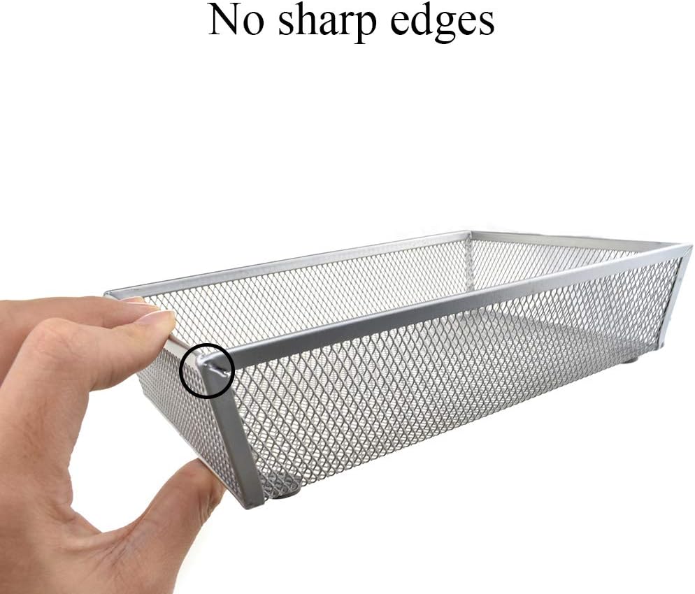 HAHIYO Stackable Mesh Tray Cup 9 x 6 x 2 inches Sturdy Container for Desk Drawer Organizer Collection for Home Office School kitchen Soft Foam Feet No Sharp Edges 1 Pack Silver