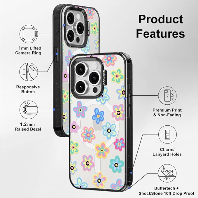 MOSNOVO Magnetic Case for iPhone 15 Pro, 10ft Military-Grade Protection, Compatible with Magsafe, Shockproof Phone Case for iPhone 15 Pro - Groovy Flower - Clear Black