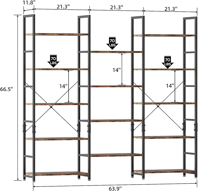 OTK Triple Wide 5 Tier Bookshelf, Rustic Industrial Style Bookcases with 14 Open Display Shelves, Wide Bookshelves for Bedroom, Living Room and Home Office, Rustic Brown