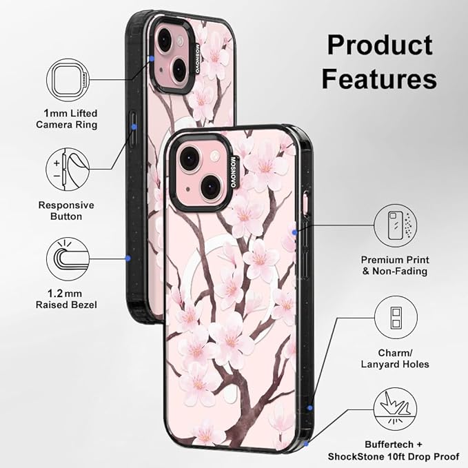 MOSNOVO Magnetic Case for iPhone 15, 10ft Military-Grade Protection, Compatible with Magsafe, Shockproof Phone Case for iPhone 15 - Cherry Blossom - Clear Black