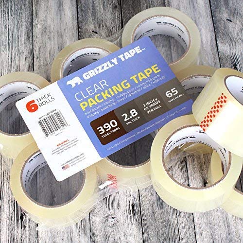 Grizzly Power Clear Packing Tape Refill Rolls for Shipping, Moving Packaging - True 2 Inch x 65 Yards, 2.8mil Thick, 6 Rolls