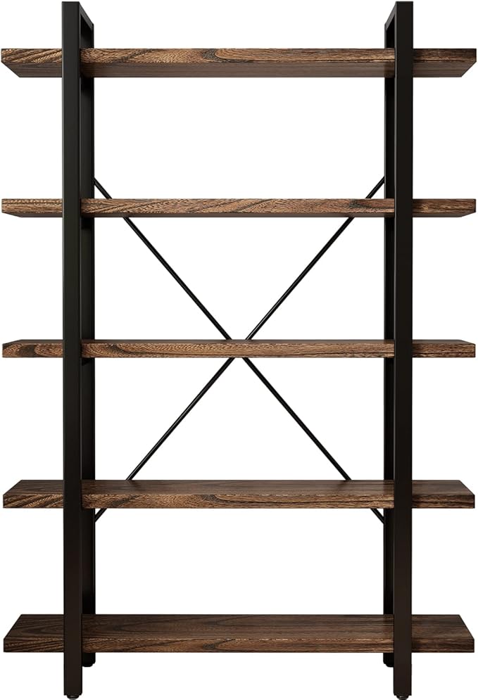 5-Tier Industrial Style Solid Wood Bookcase and Book Shelves,Rustic Wood and Metal Shelving Unit, Living Room,Modern Rustic Open Industrial Book Shelf Office,Distressed Brown (AY-02-5Tier)