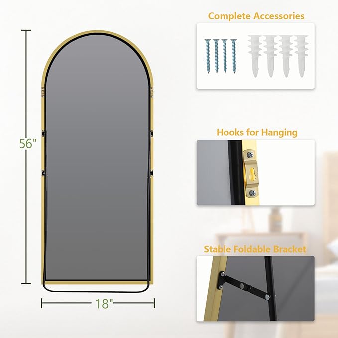 MELOMOIR Gold Mirror Full Length, 56"x18" Arched Floor Mirror Freestanding Leaning Hanging, Thin Aluminum Frame, for Living Room Bedroom Cloakroom Hallway, Gold