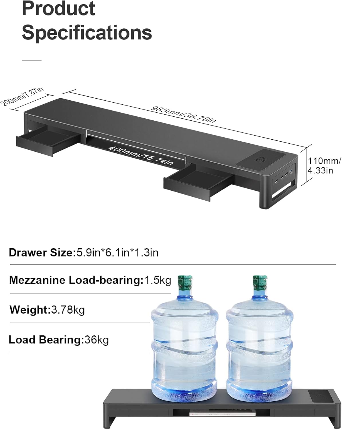 meatanty Dual Monitor Stand Riser with 2 Drawers,4 USB Ports and Charging Pad,Metal Monitor Stand for 2 Monitors Supports Transfer Data and Charging,Desk Organizer for PC,iMac(38.7 inches)