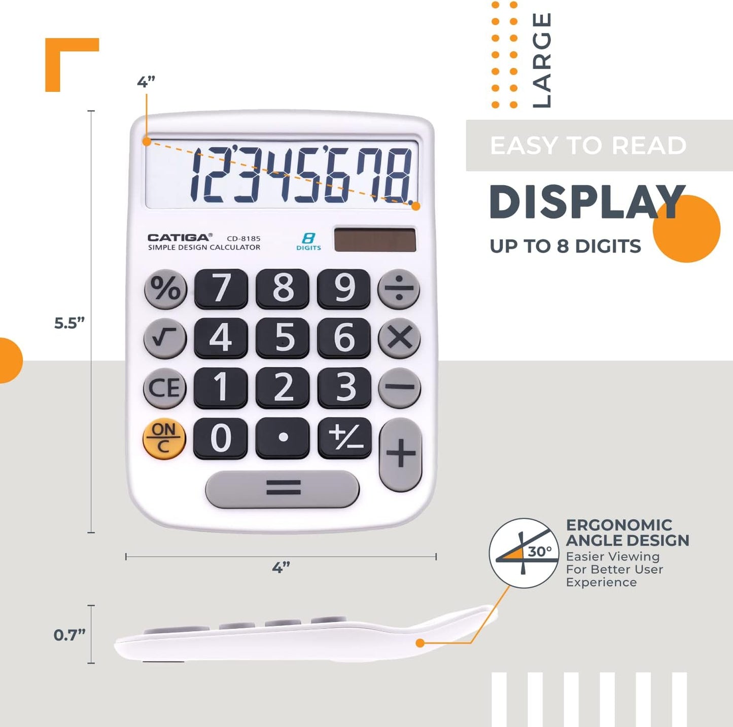 CATIGA Desktop Calculator 8 Digit with Solar Power and Easy to Read LCD Display, Big Buttons, for Home, Office, School, Class and Business, 4 Function Small Basic Calculators for Desk, CD-8185