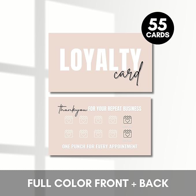 Beauty Business Loyalty Card, 10-Punch Reward System, Business Card size, 55 cards, full color high gloss front and back, UV coated, Modern design, create your own reward (Tan)