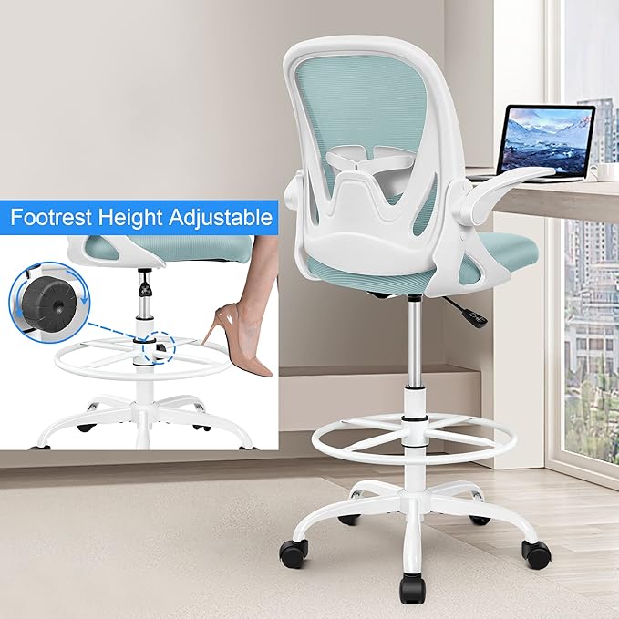 Primy Drafting Chair Tall Office Chair with Flip-up Armrests Executive Ergonomic Computer Standing Desk Chair with Lumbar Support and Adjustable Footrest Ring(Light Blue)