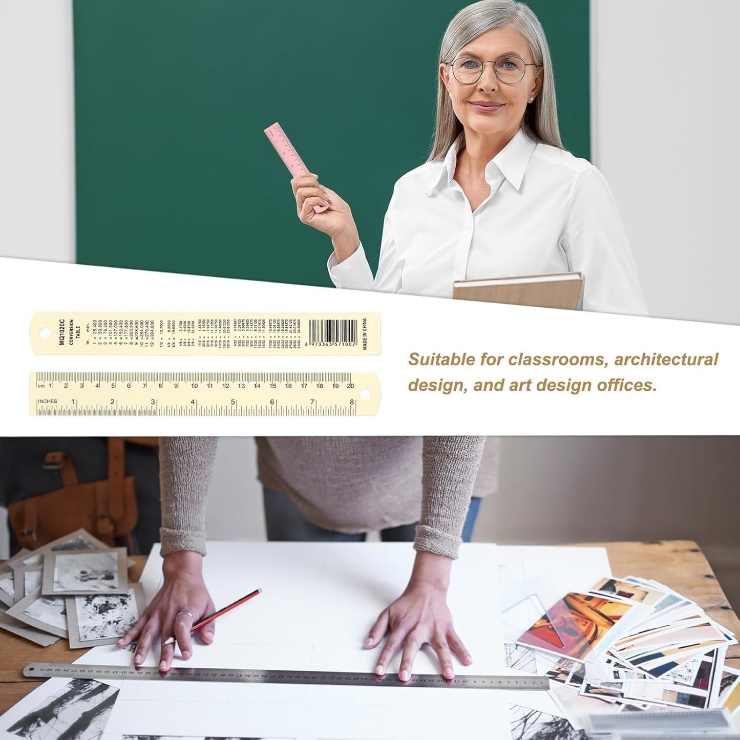 HARFINGTON 2pcs Metal Straight Ruler 20cm Metric SAE Aluminum Alloy Measuring Rulers Scale Tool with Hole for Measure Study Reading Classroom Office, White