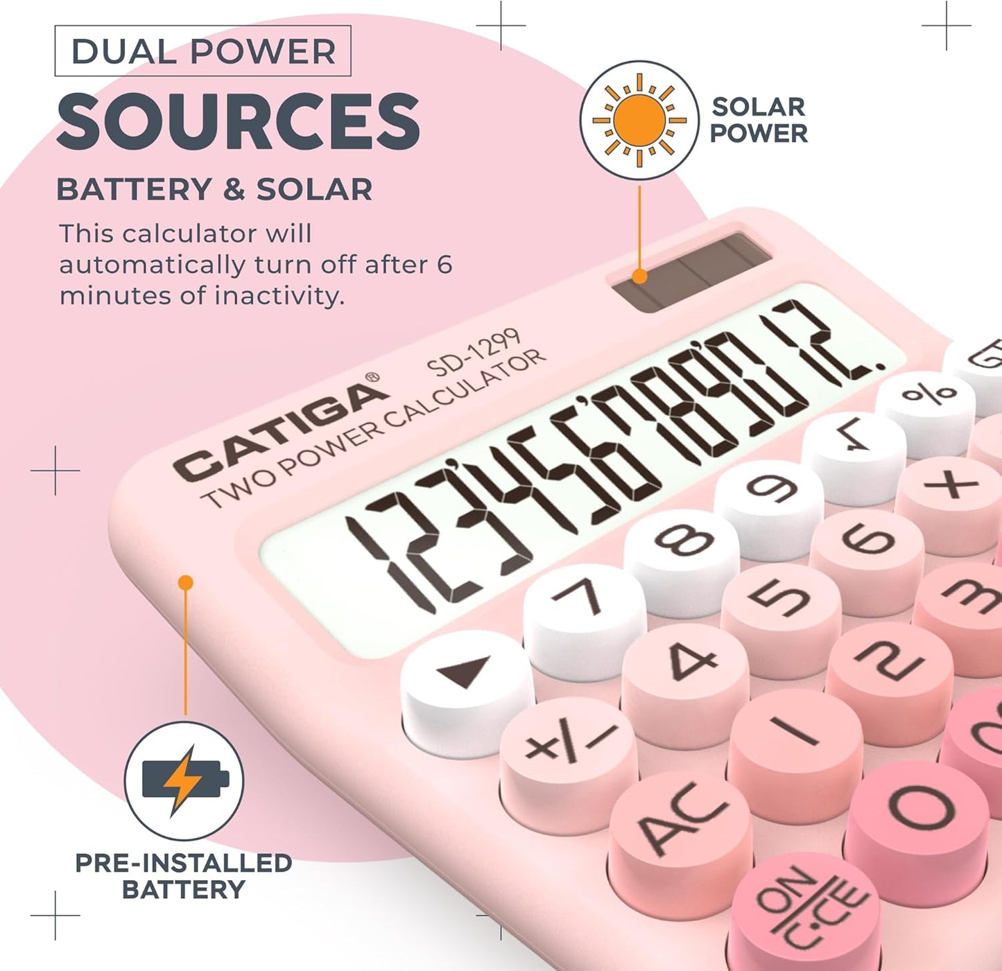 CATIGA Mechanical Switch Calculator with Solar and Battery Dual Power, 12-Digit Large LCD Display, Aesthetic and Cute Desktop Calculator with Big Button, for Home, School and Office Use, SD-1299