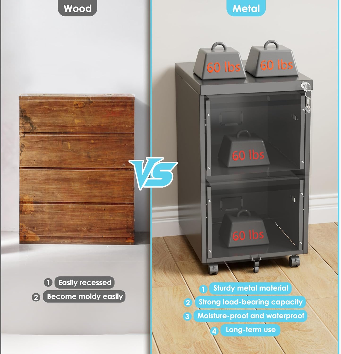 Aobabo 2 Drawer File Cabinet, Lockable Metal Filing Cabinet with Wheels for Home Office, Legal/Letter Size, Required Assembled,Black