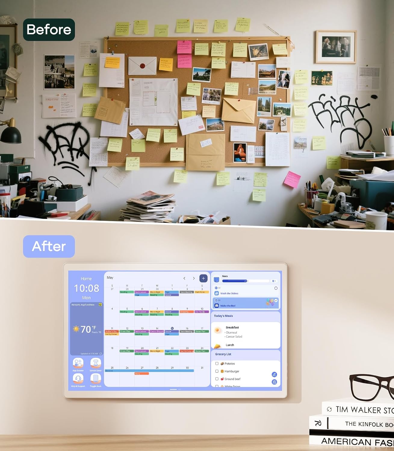 Digital Calendar+ 2: 24 Inch Wall Touch Screen Chore Chart Customize Dashboard Smart Electronic Calendar for Family Schedules Meal Planner Supports All Google Play Apps Wall Mount White