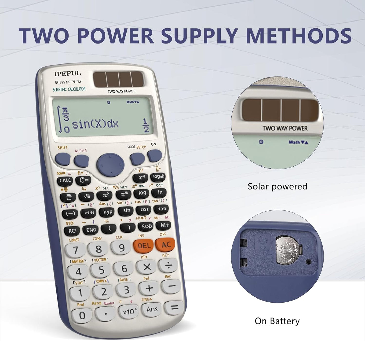 Scientific Calculators, IPepul Math Calculator with 417 Function, Solar Battery Power and 4-Line Display, School Supplies for Middle High College Students Teachers(991ES Plus)