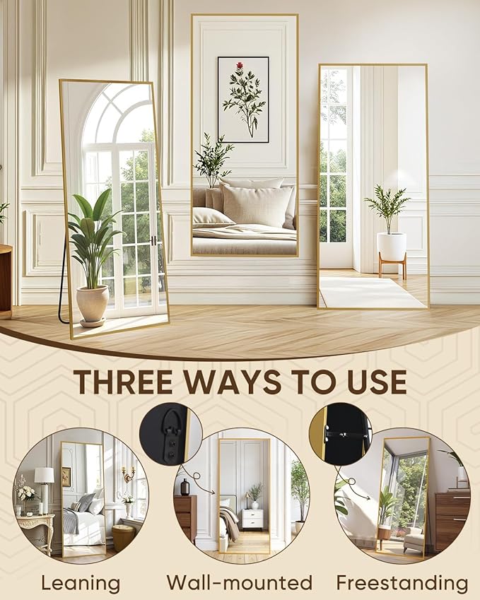 Antok Full Length Mirror, 71"x26" Floor Mirror, Floor Standing Freestanding Full Body Mirror with Stand for Bedroom, Hanging Mounted for Living Room Cloakroom, Gold