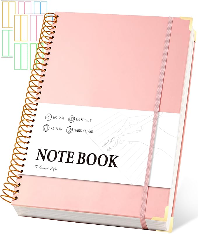 Pink Spiral Notebook College Ruled 8.5 X 11 with Tab Stickers Large Hardcover Notebooks for School Supplies A4 Note Book Journal Notebooks for Work Note Taking Office Women Men Writing, 200 Pages