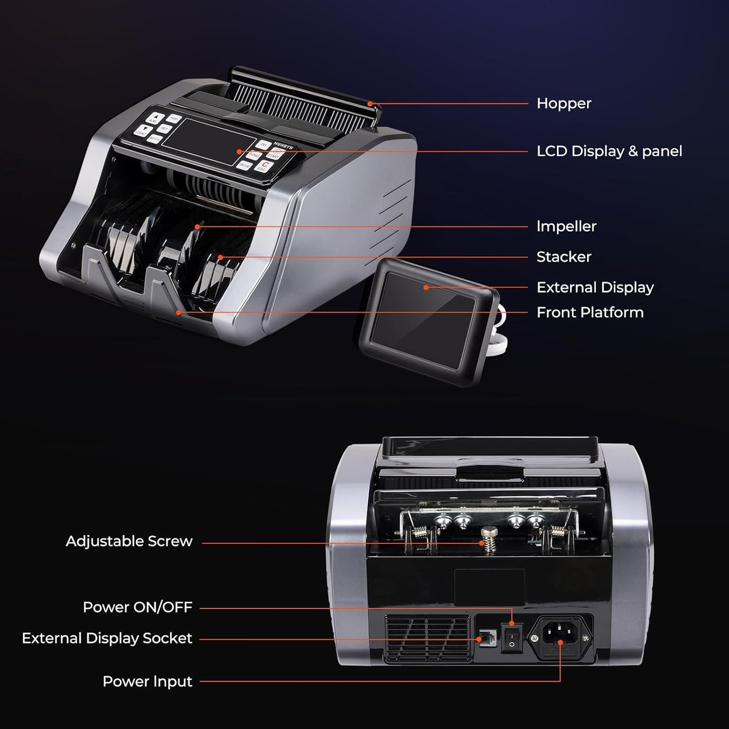 MUNBYN IMC20 Money Counter Machine with Value Count, UV/MG/IR/MT Counterfeit Detection for Dollar/Euro Bill Counter, Add/Batch/Value Mode Cash Counter, LED External Display, 2Y Protection
