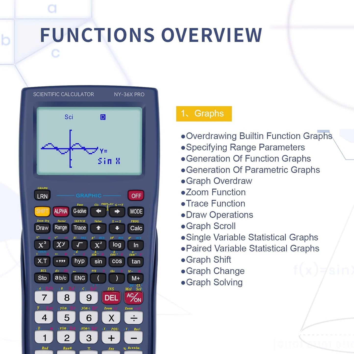 Scientific Calculator with Graphing Function, NEWYES 36X Pro Graphic Science Calculator for Middle and High School Supplies (Blue)