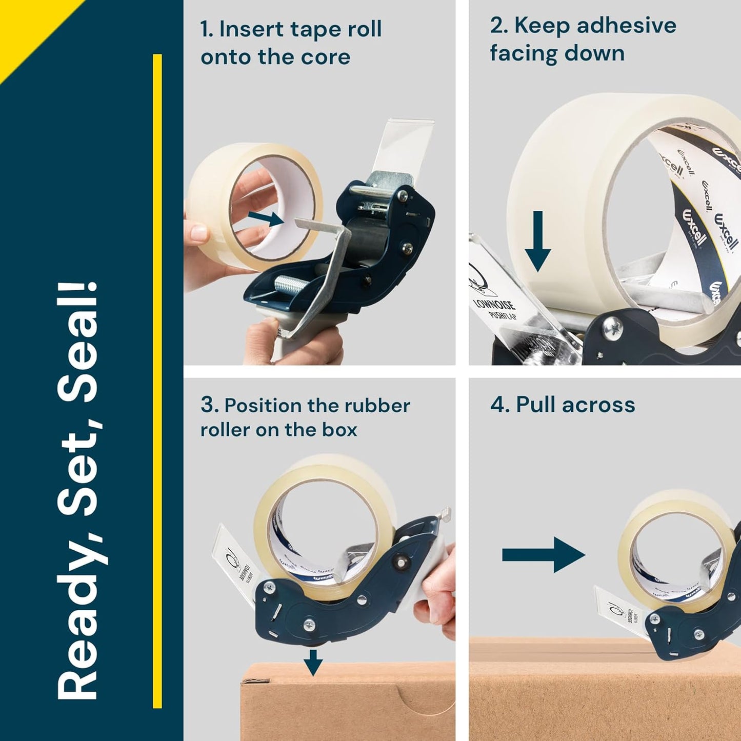 Excell RTS-82891 Low Noise Packing Tape Dispenser, Tape Gun Fit 2 Inch Wide Tape 3 Inch Core for Carton, Packaging and Box Sealing - 2Pack