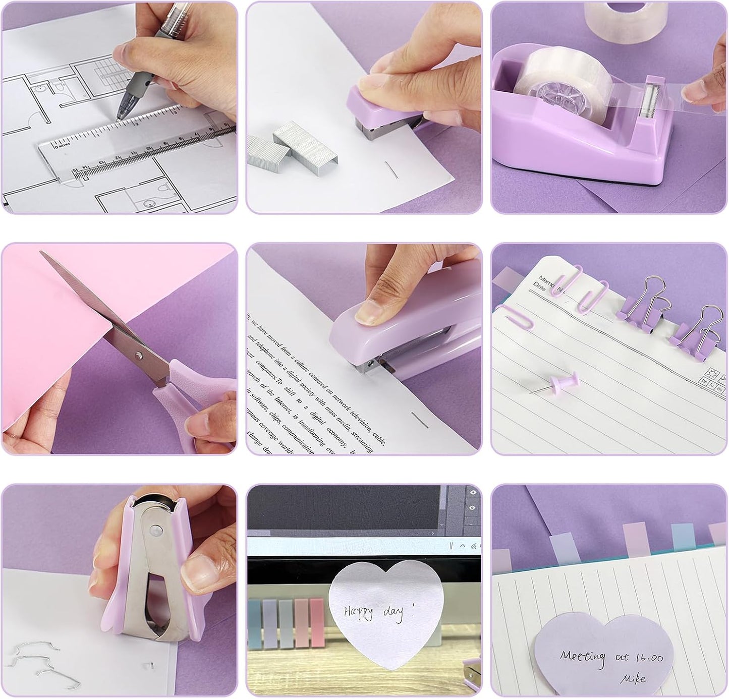 Office Supplies Set, Purple Stapler and Tape Dispenser Set with Staple Remover, Stapler and Staples Set with 1000 Staples, Clips, Tape, Scissor and Tabs, Desk Accessories for Women Student