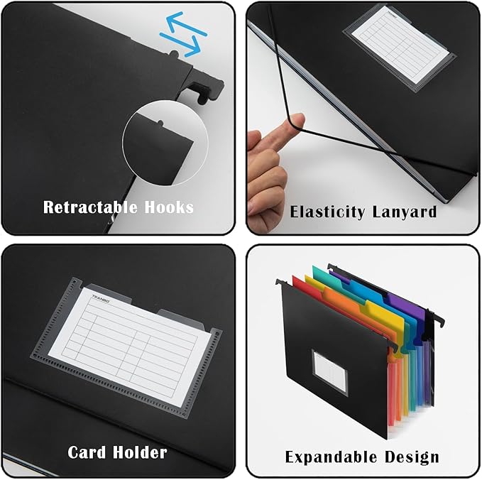 TRANBO 7-Pockets Hanging File Folder with Retractable Hooks for Filing Cabinet, Letter Size Expandable Accordion File Organizer with Elastic Band for File Frame or On-The-Go Use (1 Pack)
