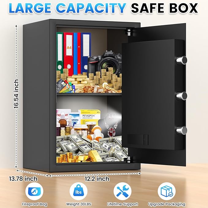 1.1 Cuft Home Safe Box with Fireproof Waterproof Bag, Large Security Digital Document Safes with LCD Keypad Keys, Anti-Theft Alert, Hidden Code Mode, Personal Combination Money Safe For Jewelry Office