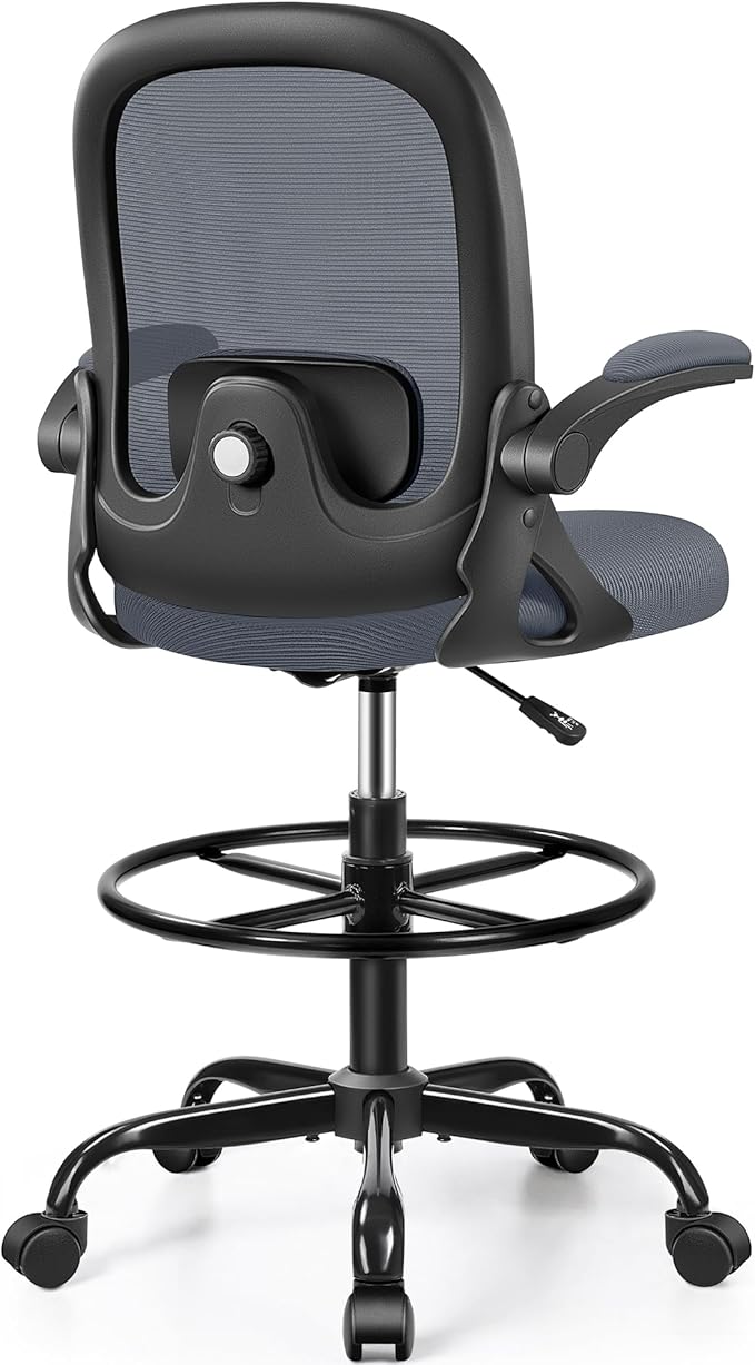 Drafting Chair, Tall Office Chair Ergonomic Standing Desk Chair,with Adjustable Footrest Ring, 3D Lumbar Support, Flip-up Armrests, Swivel Desk Stool for Drawing Working (Dark Gray)