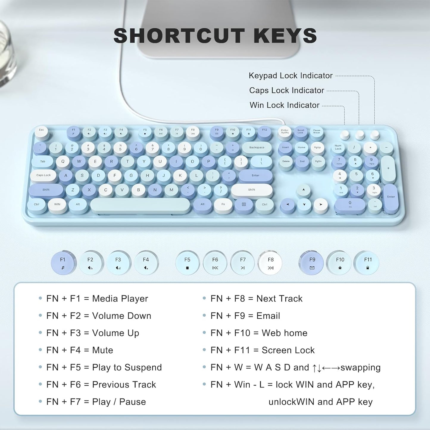 MOFII Computer Keyboards Wired, Plug Play USB Full Size Typewriter Keyboard, Cute Colorful Aesthetic Keyboard with Foldable Stands for Windows PC Laptop (Blue Colorful)