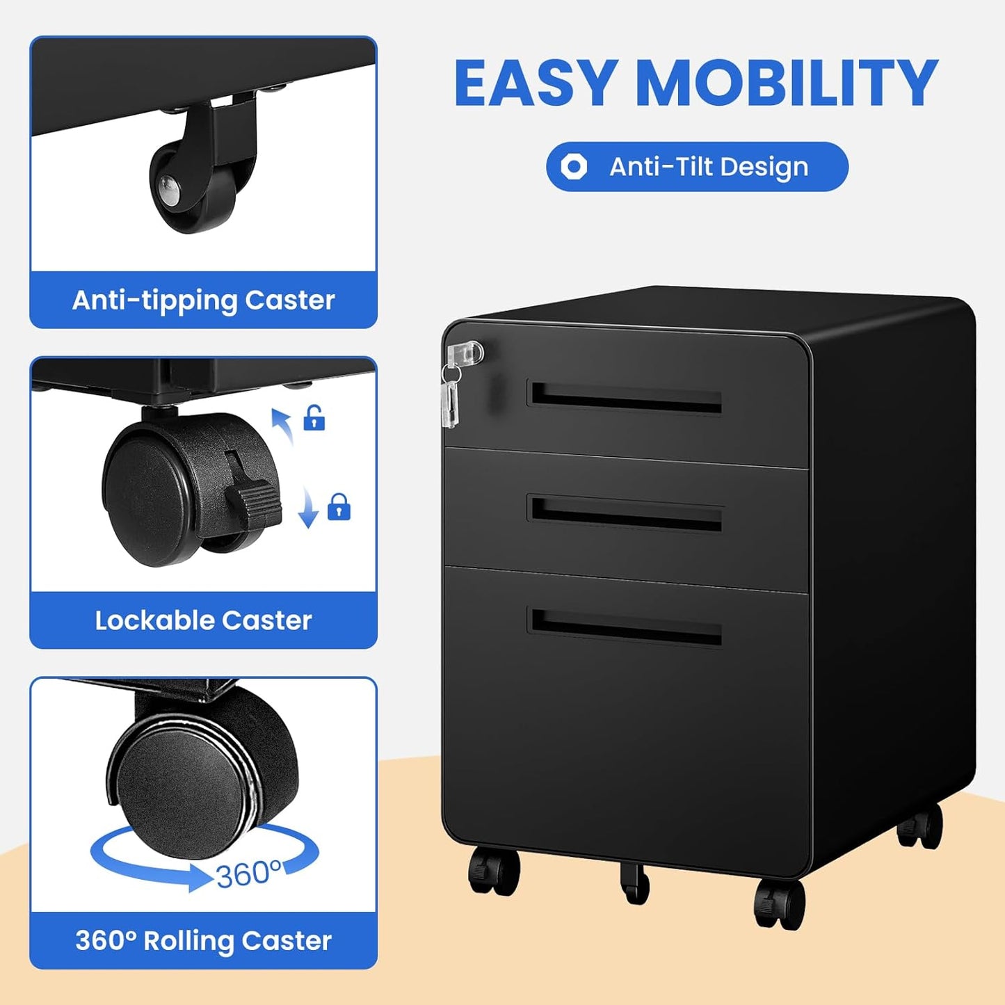 MIIIKO Mobile Filing Cabinet 3 Drawer, Rolling Small File Cabinet with Keys Under Desk, Modern Black Filing Cabinets for Home Office with Anti-tilt Wheels, A4/Letter/Legal Hanging File Drawers