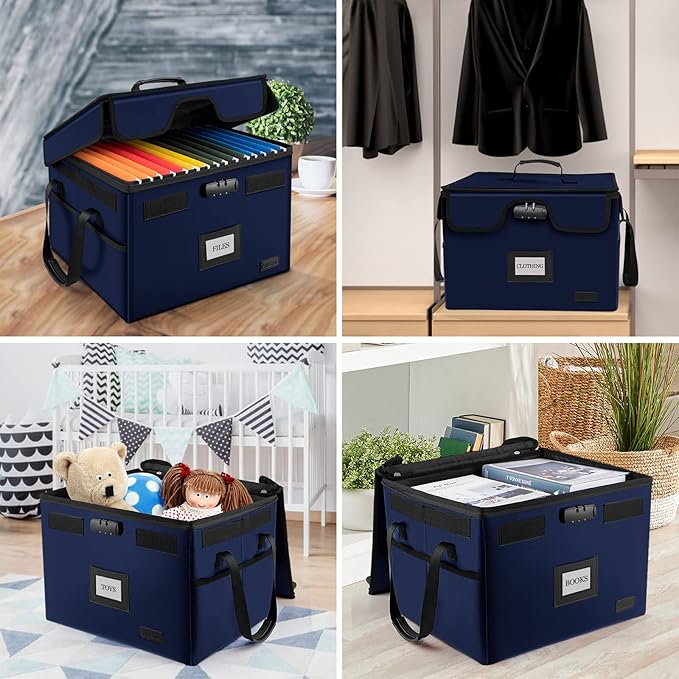AMBOR File Box with Lock, Fireproof Document Box with 5 Tabs & Inserts, Collapsible File Organizer with Handle for Letter & Legal Size Folder/Certifications/Books Storage, Blue