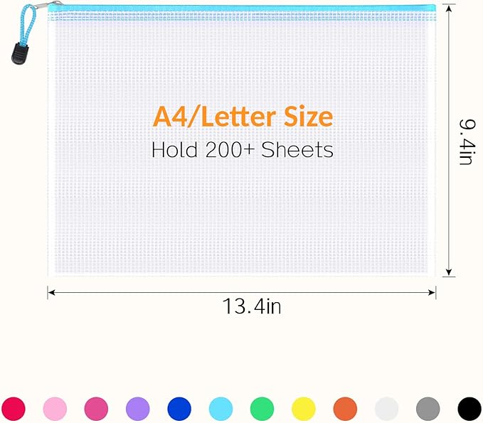 Sooez 36 Pack Mesh Zipper Pouch with Sticky Labels, A4 Mesh Bags for Board Game Puzzles Organization Storage, Durable Letter Size File Folders Organizer for Teacher School Classroom Office Supplies