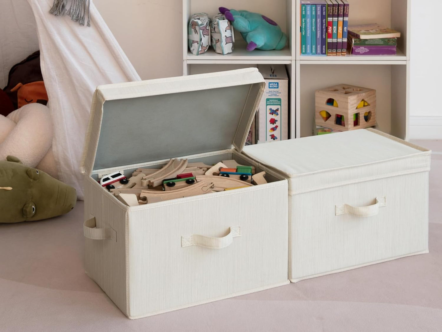 StorageWorks Fabric Storage Bins with Lid, Decorative Storage Boxes for Shelves, Stackable Closet Organizer Basket with Handles, Large, Mixing of Beige, White & Ivory, 2-Pack